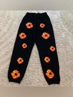 Black Sweatpants with Orange Floral Patches